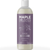 Maple Holistics Sage and Rosemary Shampoo bottle highlights sulfate-free cleansing for oily hair.
