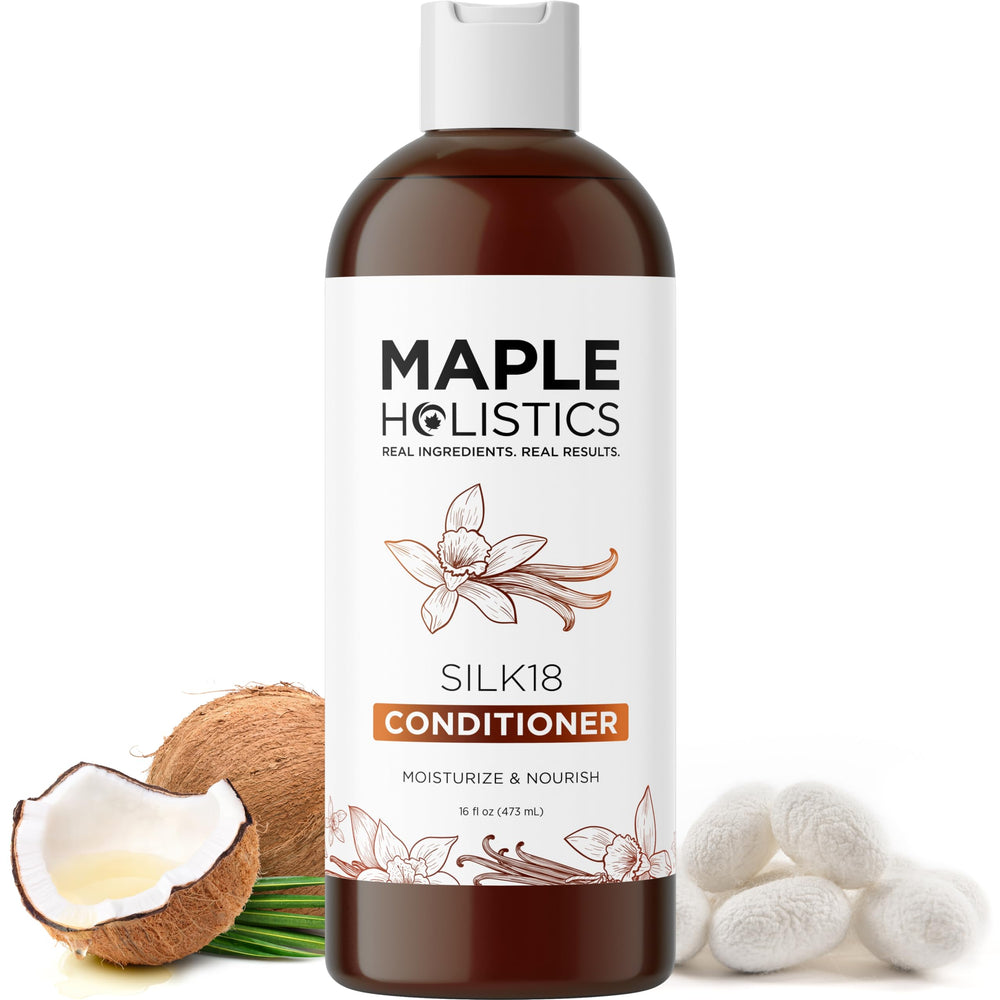 Maple Holistics Silk18 conditioner bottle showcasing daily hydration for dry, damaged hair