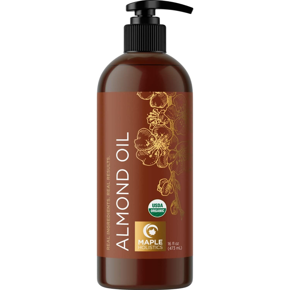 Maple Holistics Sweet Almond Oil bottle pour for hair moisture and shine.