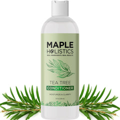 Maple Holistics Tea Tree Conditioner bottle demonstrates hydrating formula for dry hair