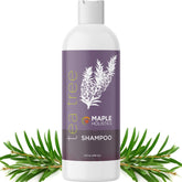 Maple Holistics Tea Tree Shampoo bottle clarifies oily hair for buildup-free scalp.