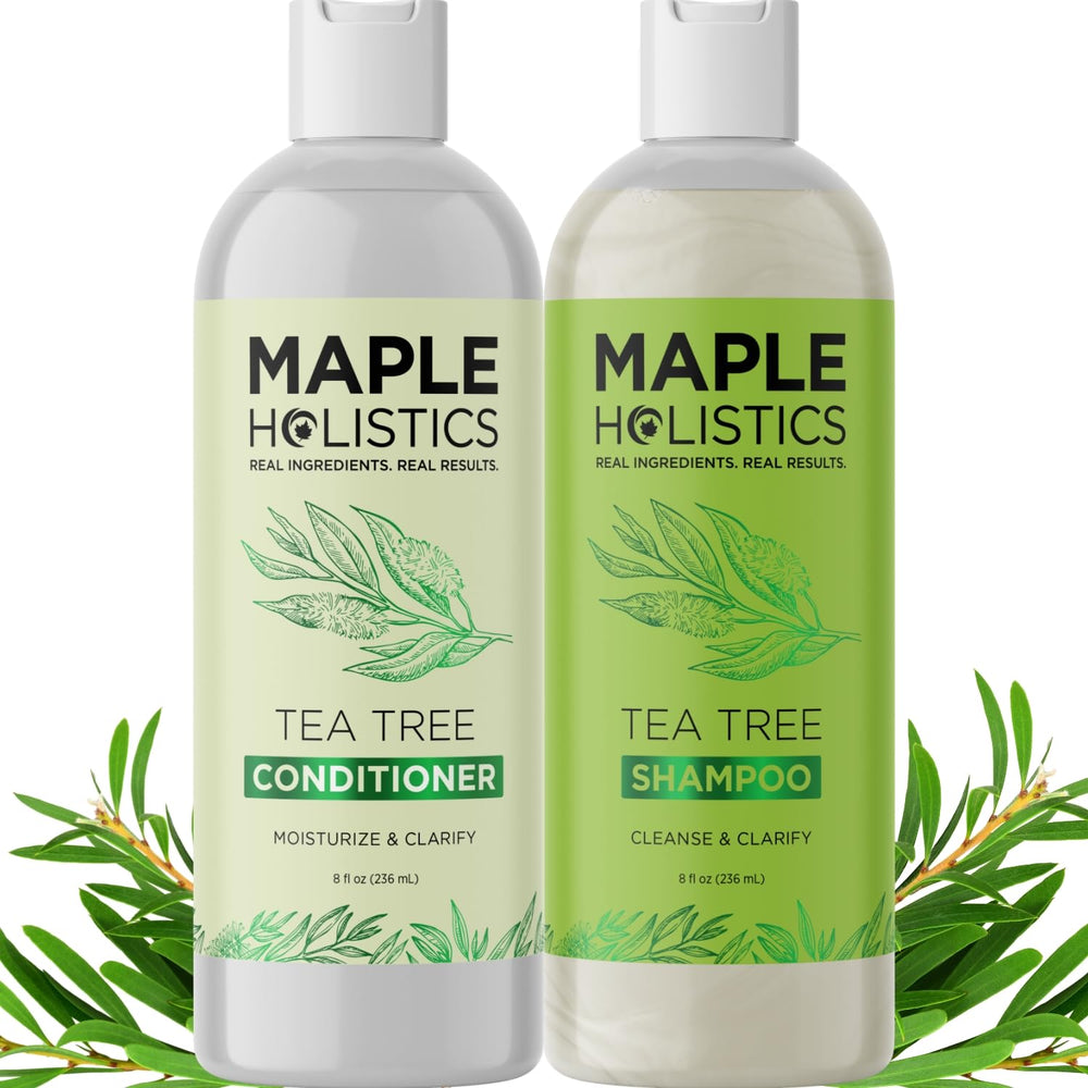 Maple Holistics tea tree shampoo bottle highlights sulfate-free cleansing for oily scalp