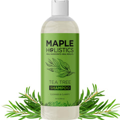 Maple Holistics Tea Tree Shampoo bottle supports refreshing cleanse for oily hair