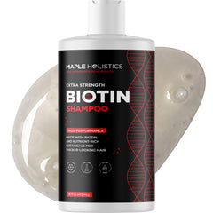 Maple Holistics Ultra Biotin Shampoo bottle on shelf for volumizing thinning hair