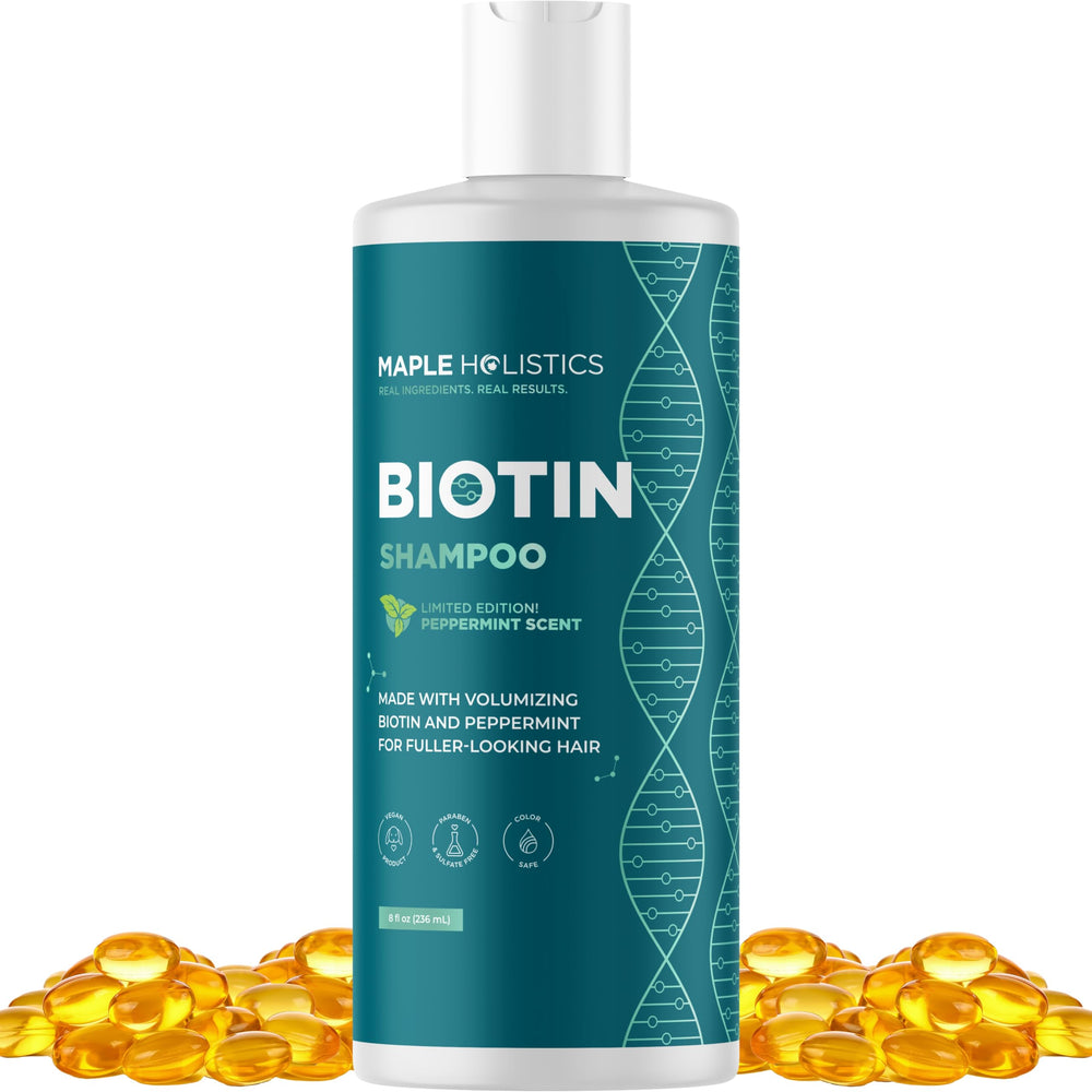 Maple Holistics Biotin Shampoo bottle highlights mint formula for voluminous hair