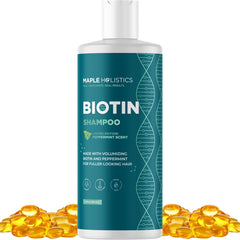 Maple Holistics Biotin Shampoo bottle highlights mint formula for voluminous hair