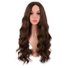 MapofBeauty 28-inch wavy middle-part brown wig on model, ideal for cosplay and parties.