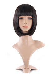 MapofBeauty bob wig 12in front view in black for everyday versatile styling.