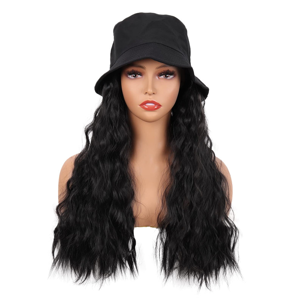 MapofBeauty hat wig 24inch front view with long wavy curls for daily wear.