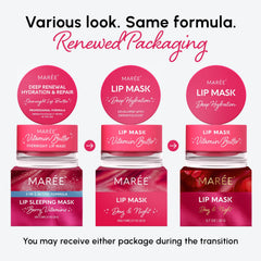 MAREE Lip Mask 2-pack packaging closeup highlights convenient, budget-friendly nightly lip care.