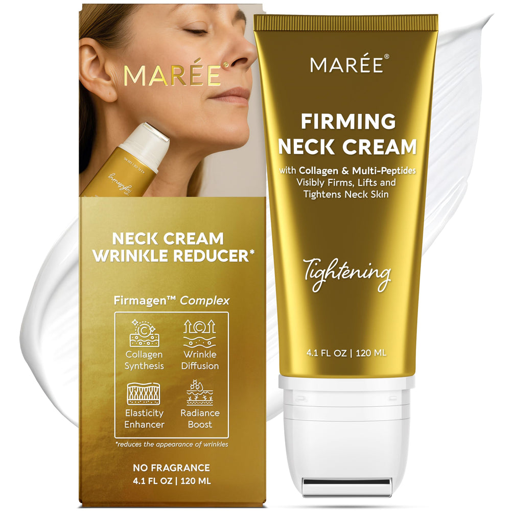 MAREE neck cream with roller bottle close-up for hydrating neck skin.