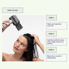 Maria Nila Quick Dry Heat Spray applied on hair shows quick drying