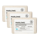 Marlowe body scrub soap packaging with natural ingredients and eco-friendly details.