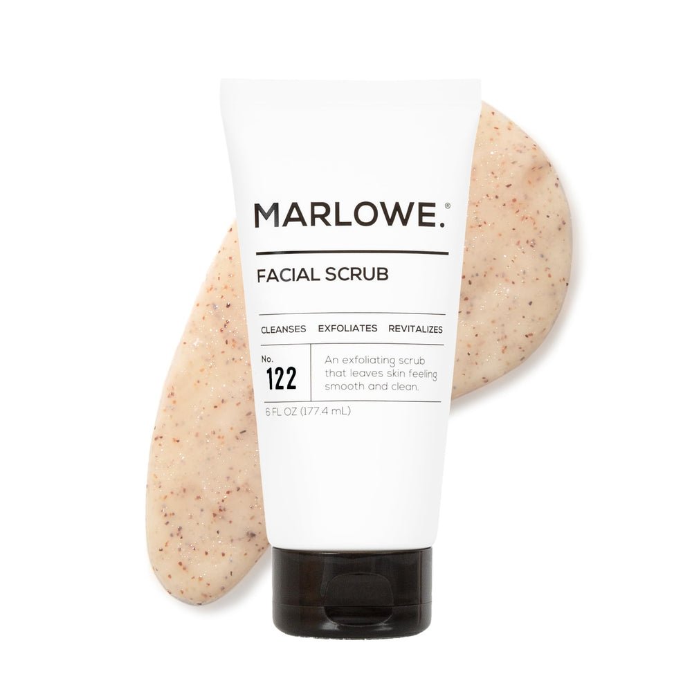 MARLOWE No. 122 facial scrub tube close-up showing gentle exfoliation for refreshed skin.