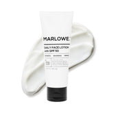 MARLOWE. No. 128 SPF 50 face lotion bottle front for daily sun protection.
