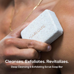 MARLOWE No.102 exfoliating bar targeting rough skin with natural pumice and apricot seeds