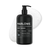 MARLOWE. No. 103 bottle shows cedarwood and sea salt for a refreshing shower.