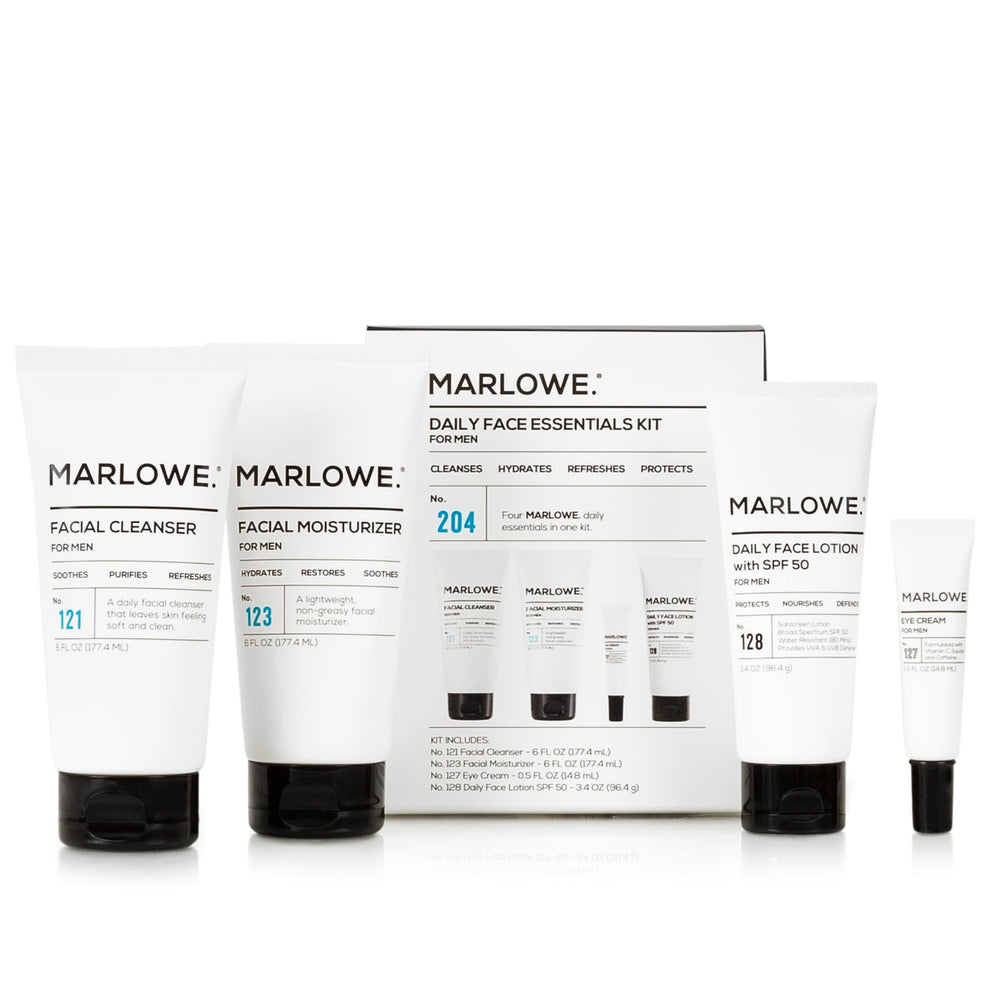 Marlowe No.204 daily essential face kit displaying complete morning grooming routine