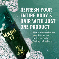 MARO17 shampoo bottle side profile showing peptide formula and bergamot-lemon scent for daily freshness.
