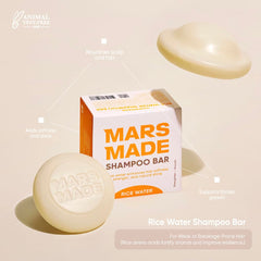 MARS MADE Rice Water Shampoo Bar 2.0 ingredients flatlay highlights rice water and olive oils.
