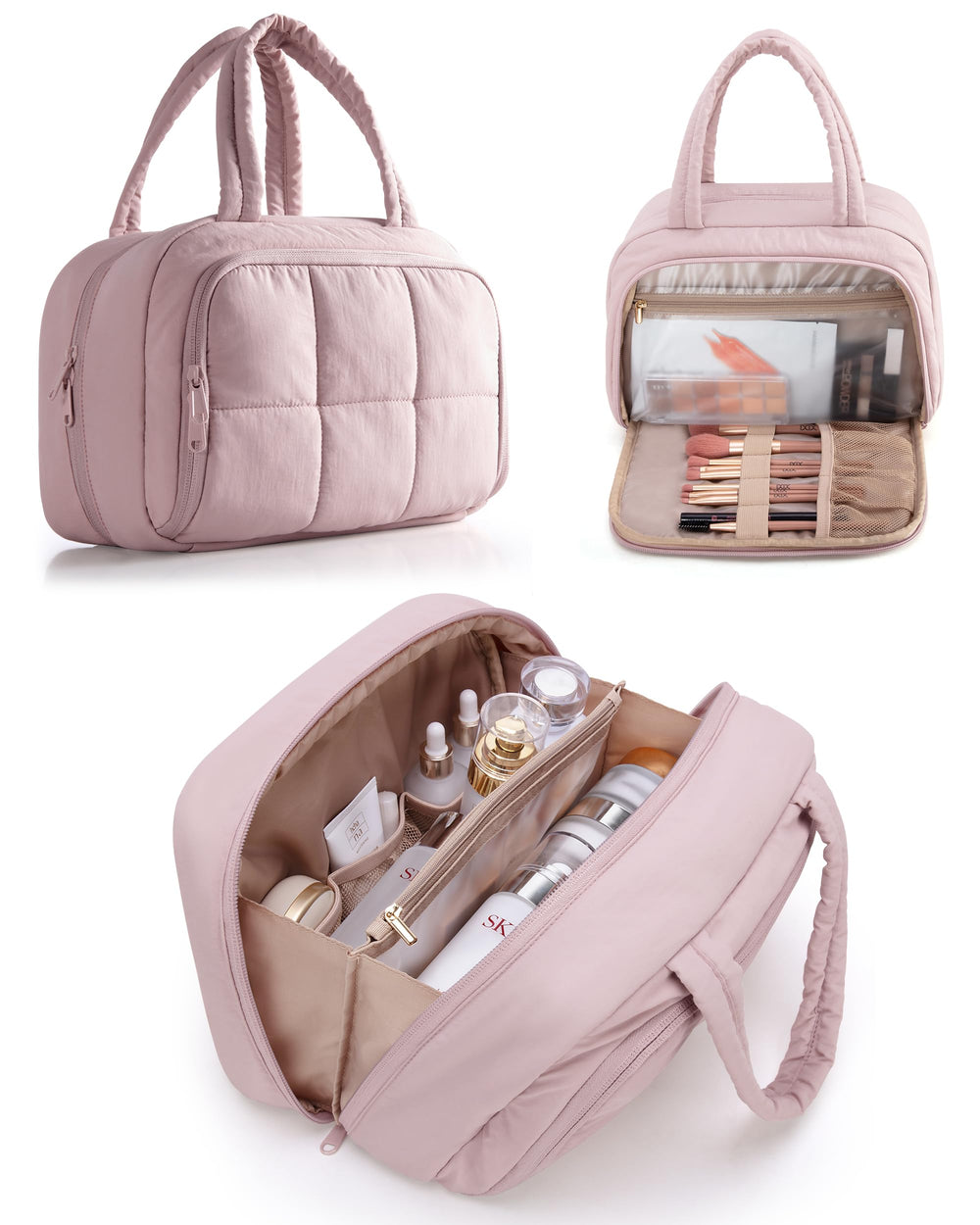 Marscamd travel toiletry bag pink front view shows organized compartments for easy access