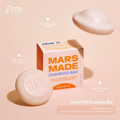 Mars Made Castor Oil Shampoo Bar ingredients visual highlights castor, jojoba, moringa for balanced nourishment.