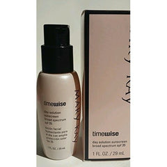 Mary Kay TimeWise Day Solution bottle highlights Photosomes and Algae Extract for environmental shield.