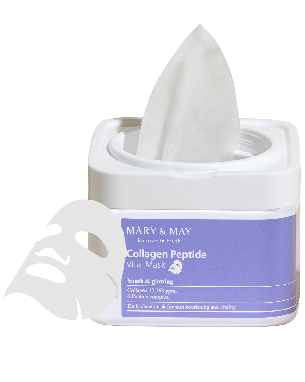 Mary&May Collagen Peptide Vital Mask box with 30 sheets for easy daily hydration.