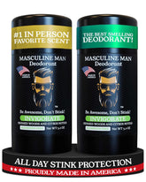 MASCULINE MAN Invigorate deodorant stick close-up shows woodsy-citrus scent and skin-friendly formula.