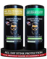 MASCULINE MAN Invigorate deodorant stick close-up shows woodsy-citrus scent and skin-friendly formula.
