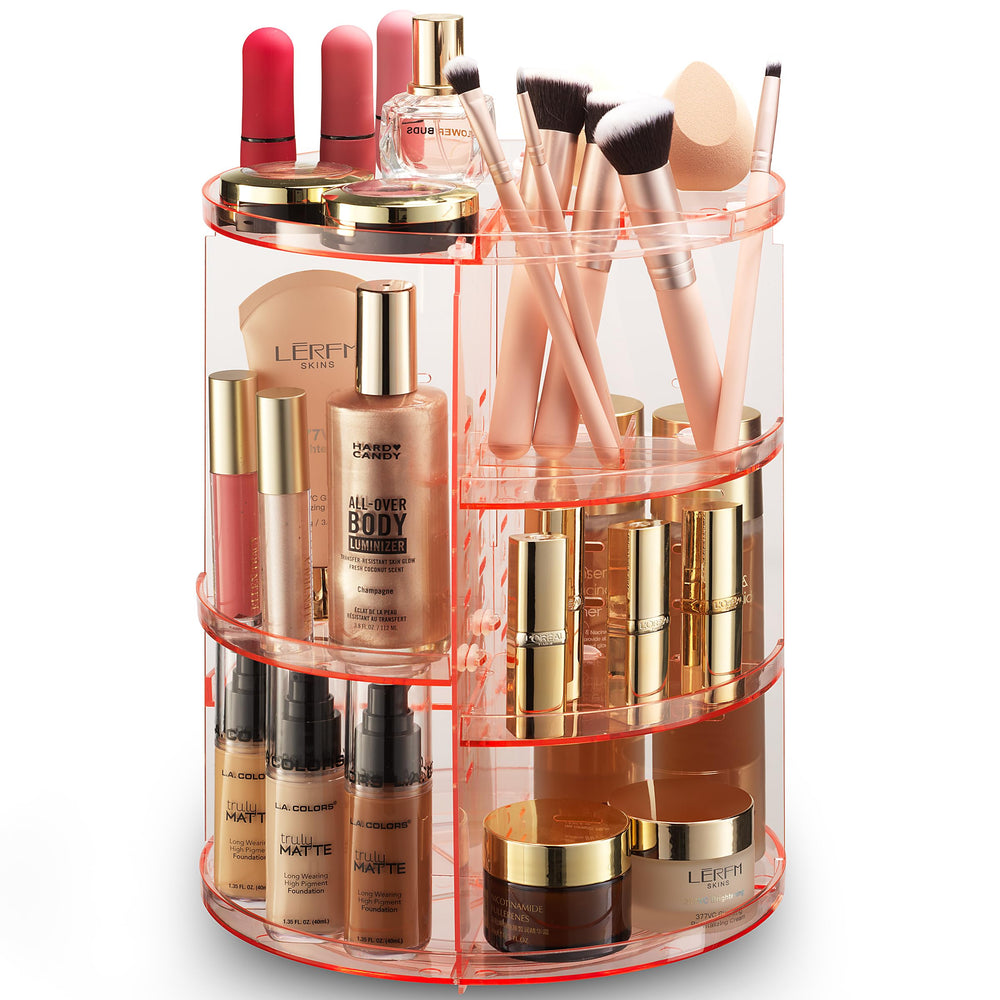 Masirs 360 rotating makeup organizer top view showing organized storage and accessibility