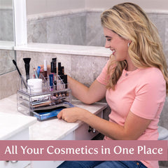Masirs clear makeup organizer with 4 drawers keeps lipsticks, brushes, and jewelry neatly separated.