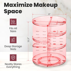 Masirs pink rotating makeup organizer side angle view for easy reach of cosmetics