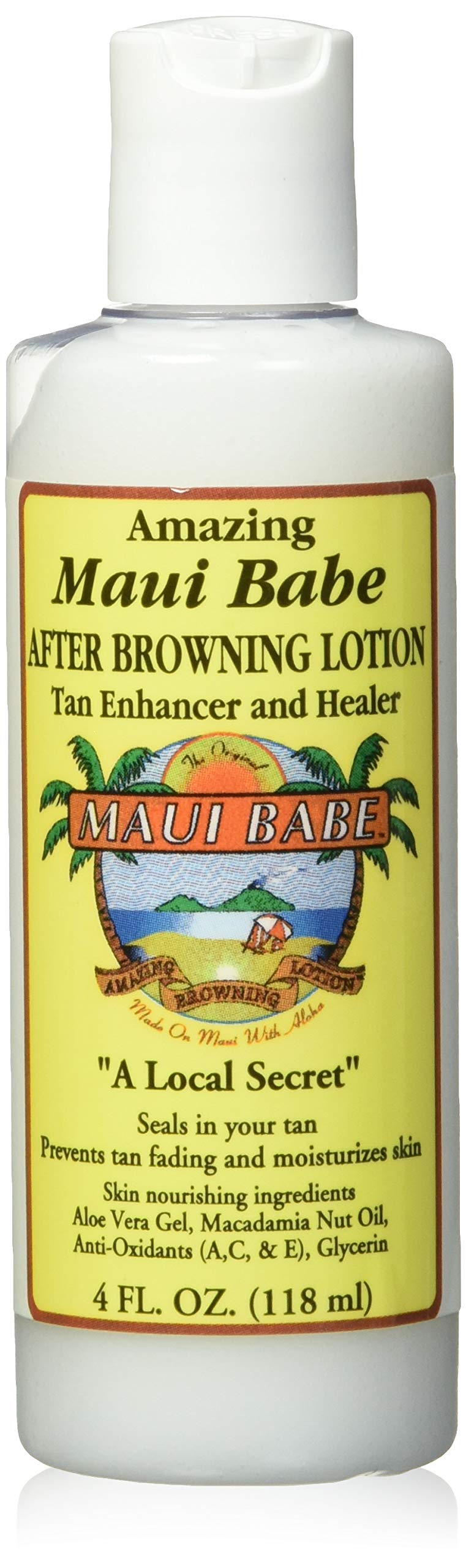 Maui Babe After Browning Lotion bottle pour seals tan with soothing moisture.