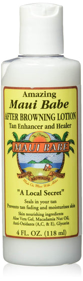 Maui Babe After Browning Lotion bottle pour seals tan with soothing moisture.