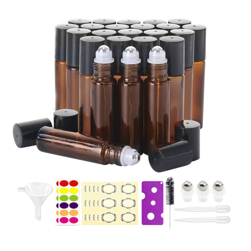 Mavogel amber 10ml roller bottle closeup, ideal for portable essential oil blends on the go.