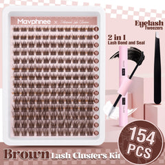 Mavphnee brown lash clusters complete kit with bond and seal glue for secure wear.
