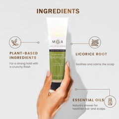 Max Green Alchemy MGA gel in action on hair, enables effortless restyling and texture definition.