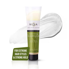 Max Green Alchemy MGA vegan sculpting gel tube, front view, strong hold with natural movement.