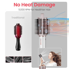 MaxGroom hair dryer brush ionic technology reduces frizz for smooth shine.