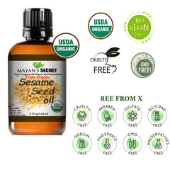 Mayan's Secret sesame oil on hair and skin for shine and balance.
