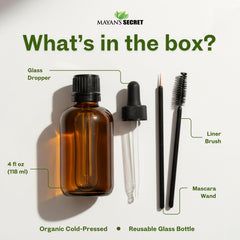Mayan's Secret castor oil dropper closeup highlights purity and hexane-free nourishment