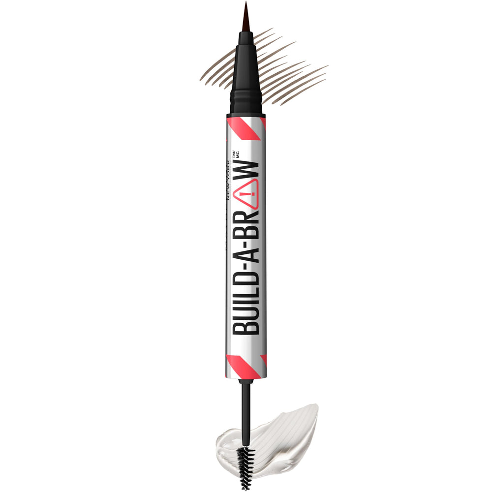 Maybelline Build-A-Brow pen close-up shows natural hair-like strokes for fuller brows.