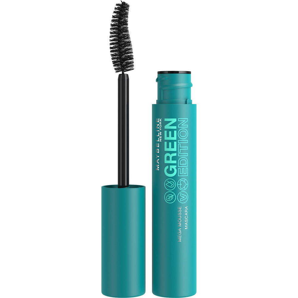 Maybelline Green Edition Mega Mousse Mascara wand shows lightweight volumizing action for all-day wear