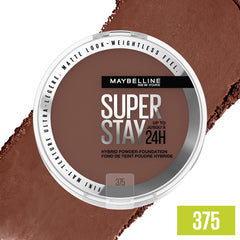 Maybelline Super Stay Hybrid Powder Foundation close-up shows soft matte finish on skin.