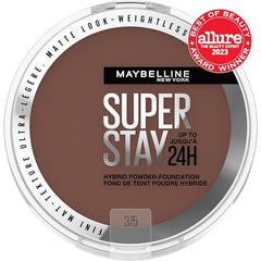 Maybelline Super Stay Hybrid Powder Foundation shade 375 swatches help find a medium-to-full match.