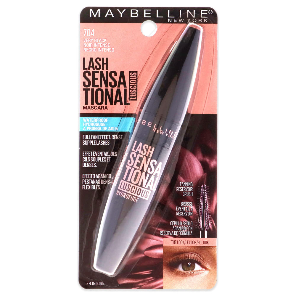 Maybelline Lash Sensational Luscious Waterproof Mascara brush close-up highlighting fanned lashes for a fuller look