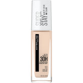 Maybelline Super Stay Full Coverage Liquid Foundation porcelain bottle closeup showcases long wear
