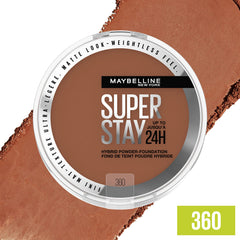 Maybelline Super Stay Hybrid Powder Foundation shade range display of 16 options