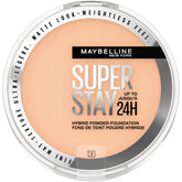Maybelline Super Stay Hybrid Powder Foundation compact in shade 130 showing portable coverage for all-day matte look